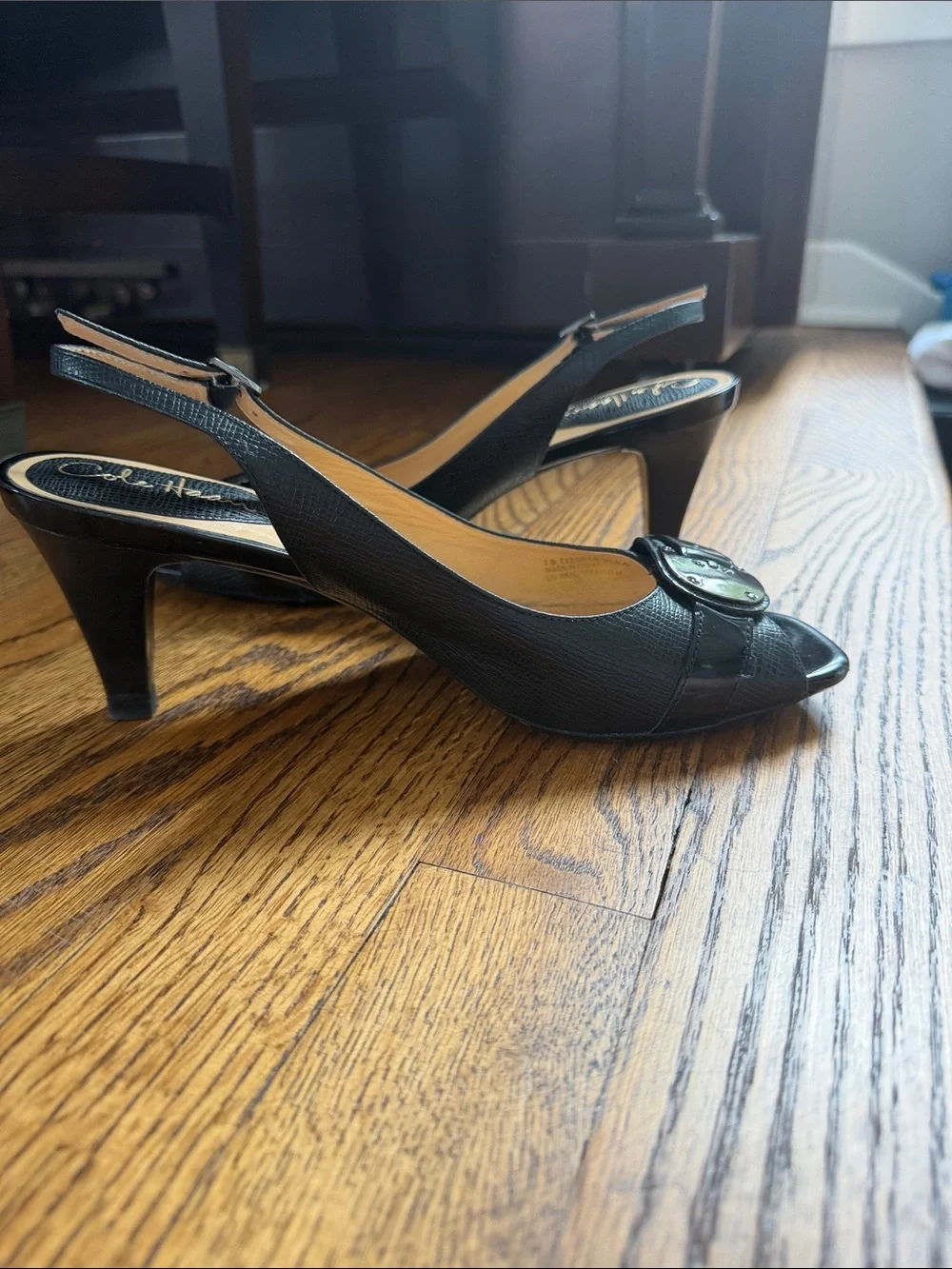 Cole Haan (w/Nike Air) Black Slingback Peep-Toe Heels with Buckle Accent